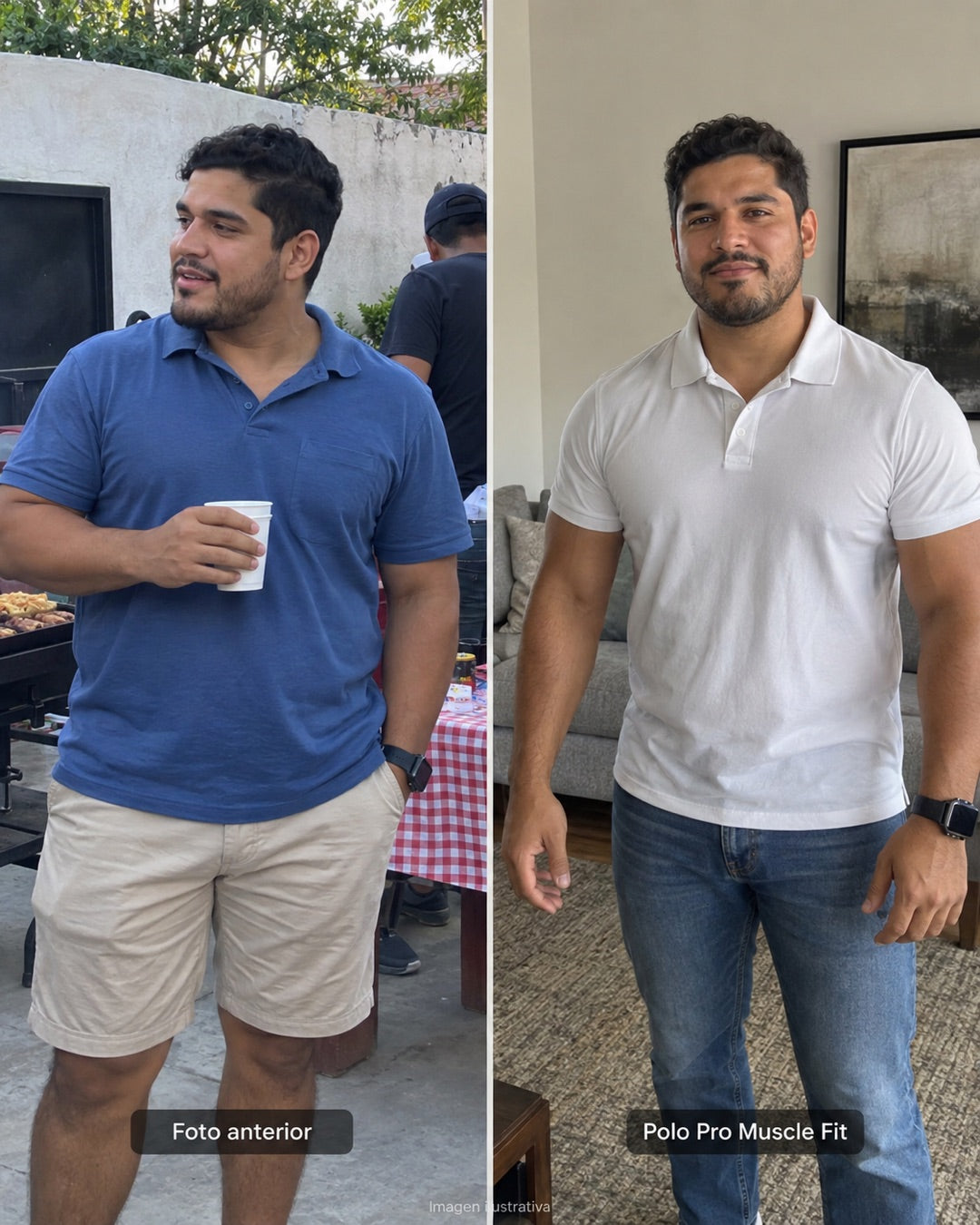 Comparación ilustrativa del ajuste de una playera regular y Muscle Fit