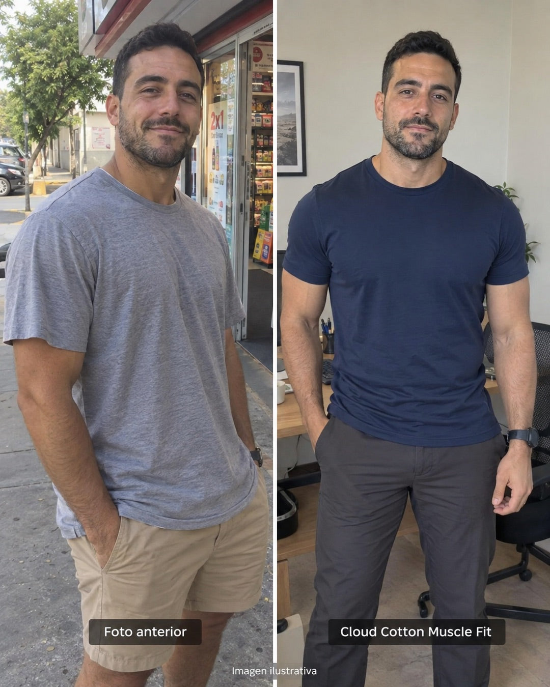 Comparación ilustrativa del ajuste de una playera regular y Muscle Fit