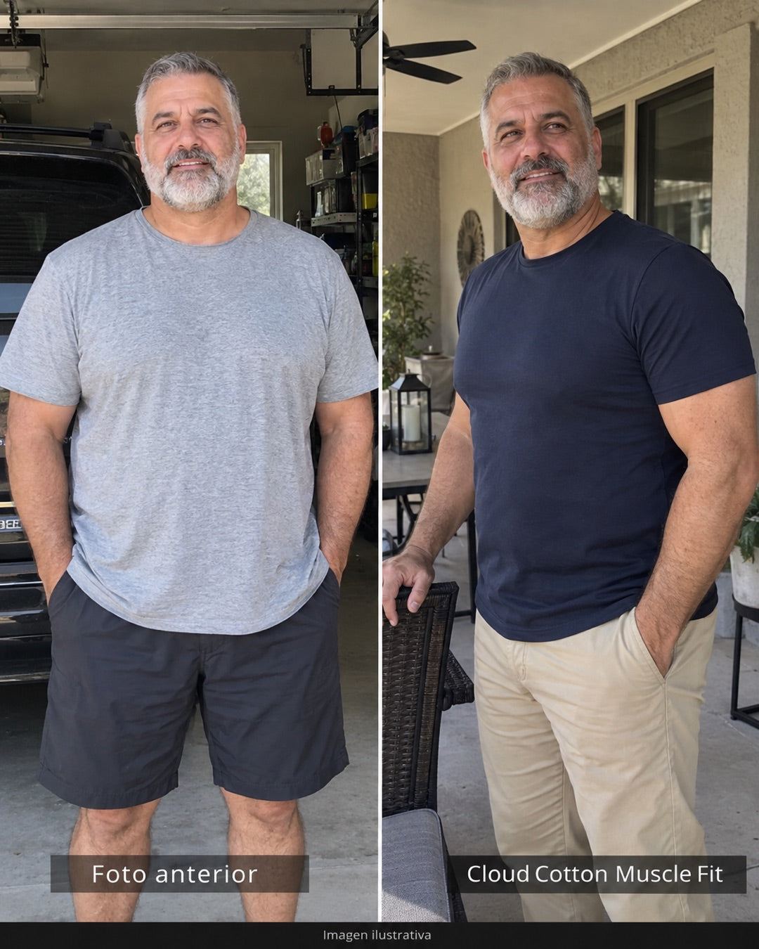 Comparación ilustrativa del ajuste de una playera regular y Muscle Fit