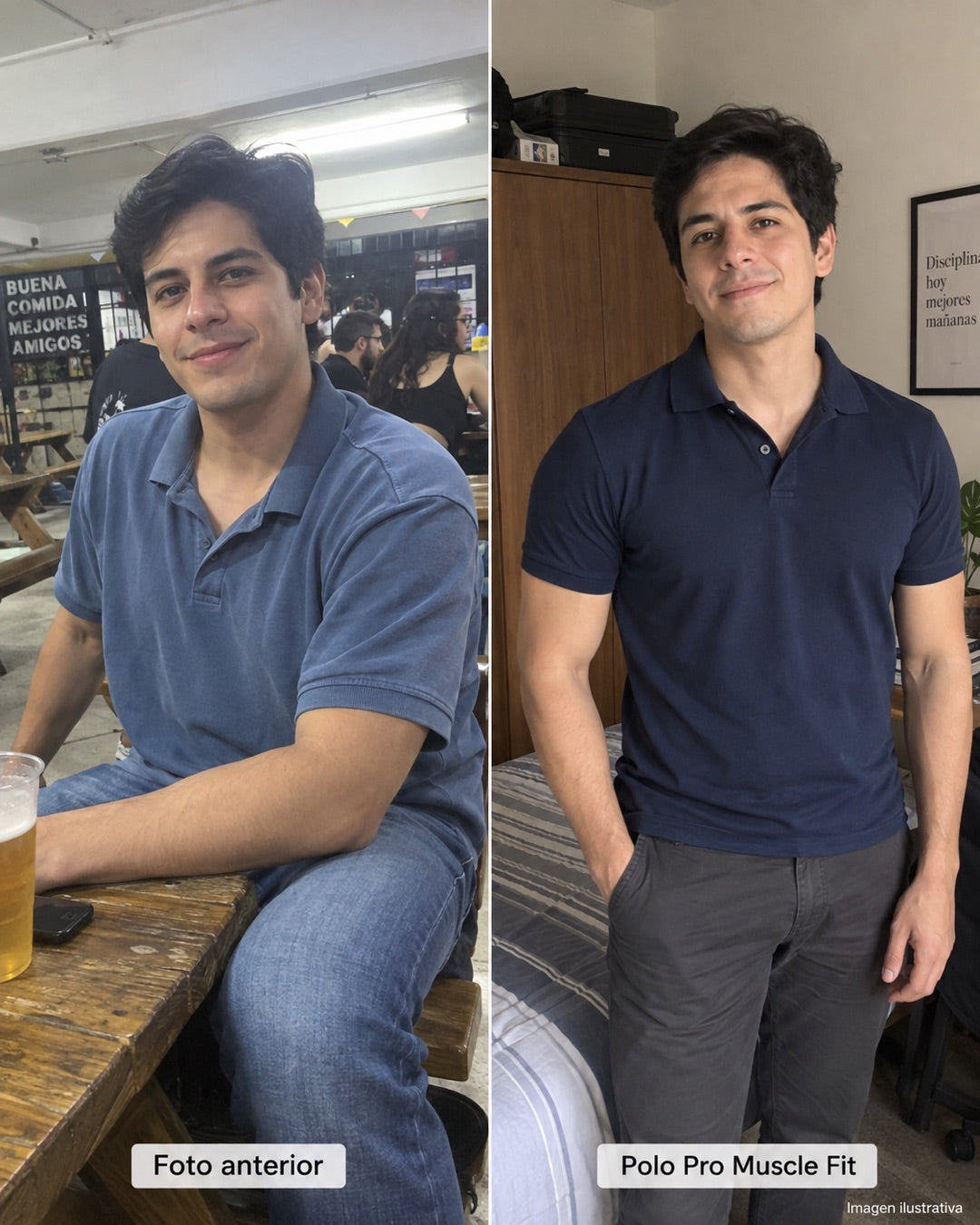 Comparación ilustrativa del ajuste de una playera regular y Muscle Fit