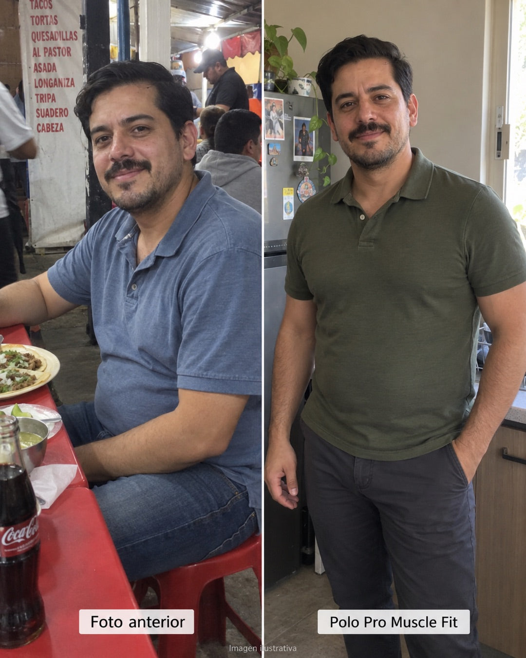 Comparación ilustrativa del ajuste de una playera regular y Muscle Fit