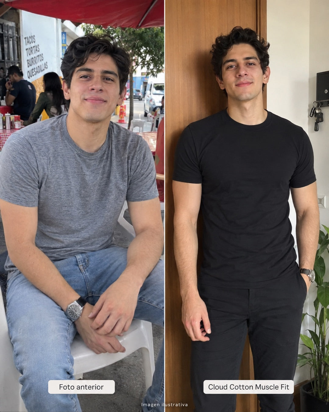 Comparación ilustrativa del ajuste de una playera regular y Muscle Fit