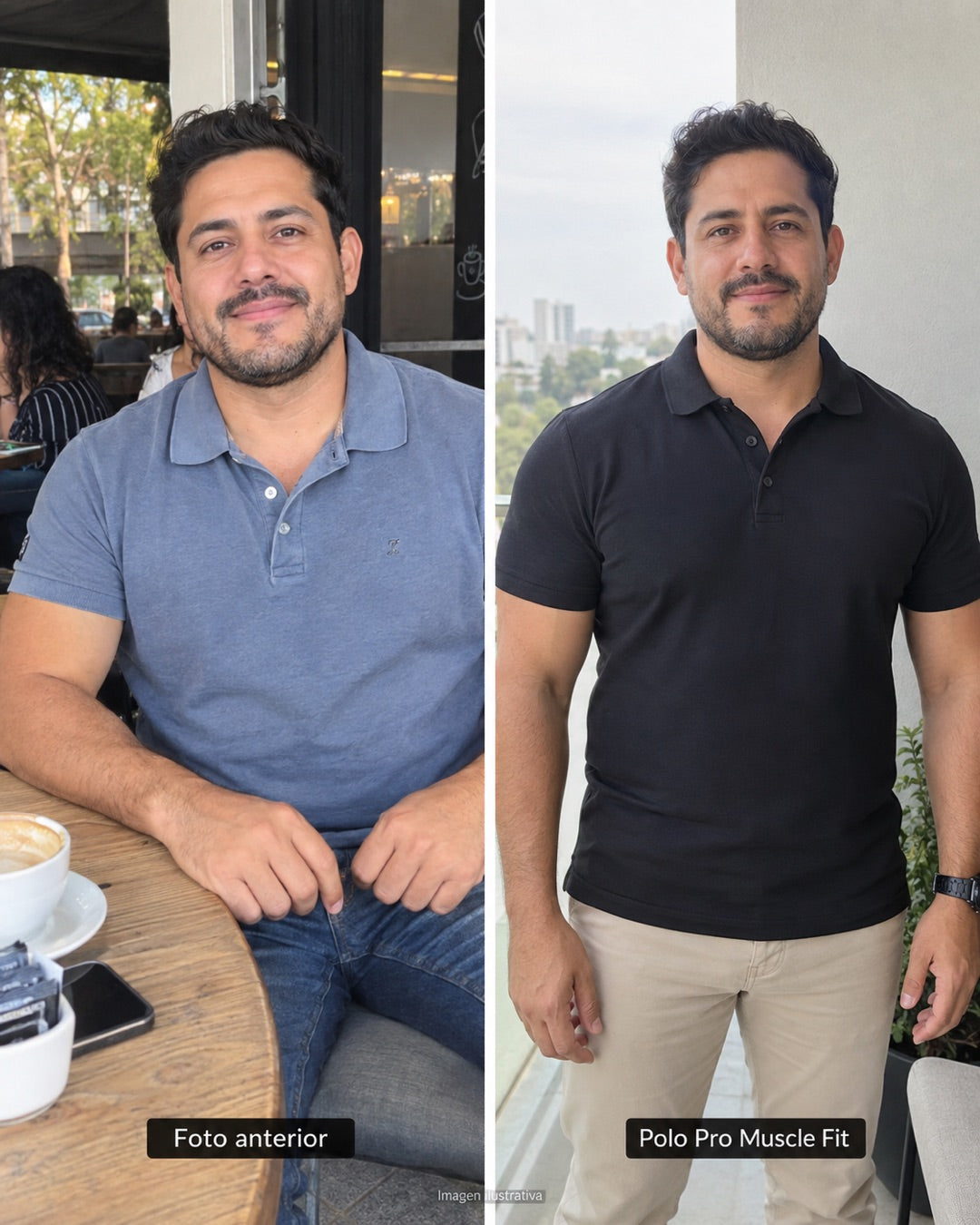 Comparación ilustrativa del ajuste de una playera regular y Muscle Fit