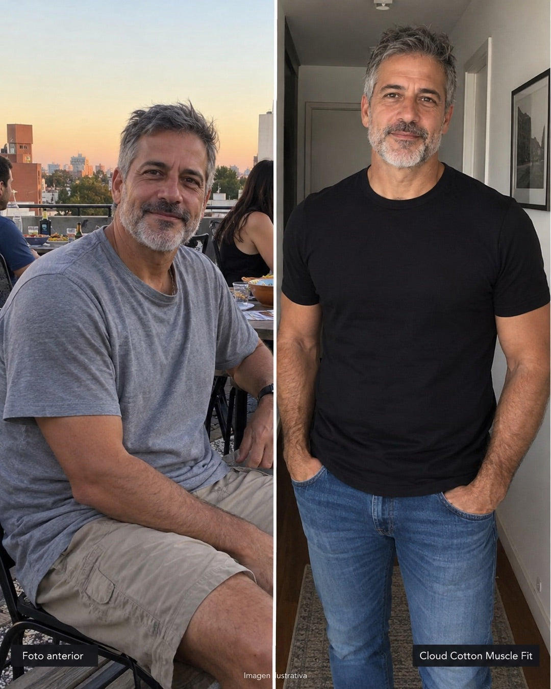 Comparación ilustrativa del ajuste de una playera regular y Muscle Fit