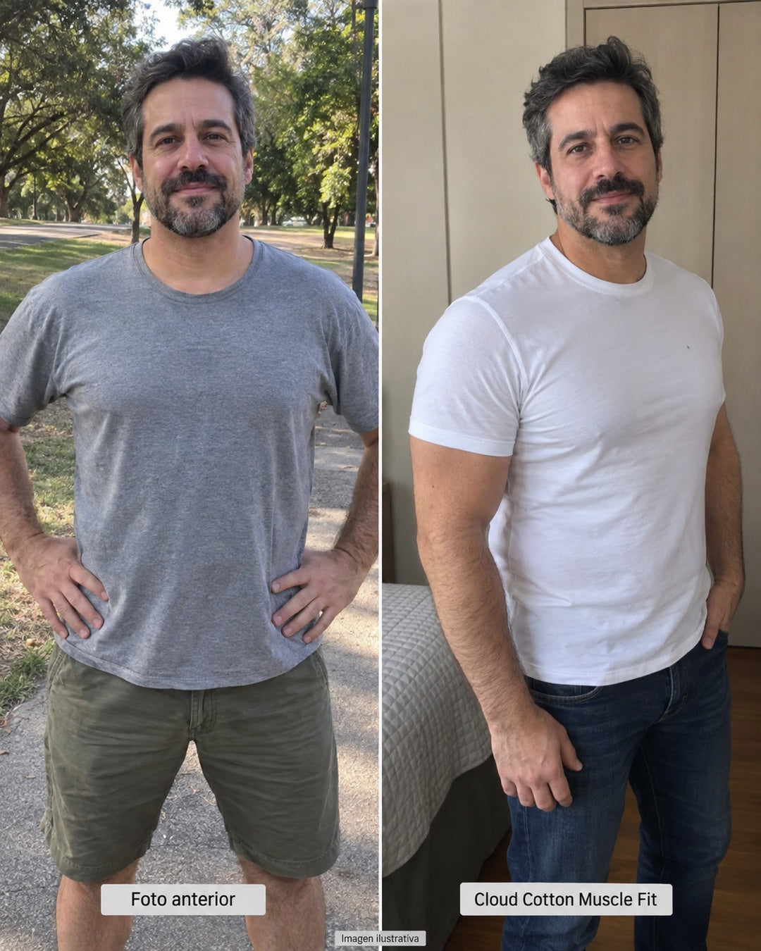 Comparación ilustrativa del ajuste de una playera regular y Muscle Fit