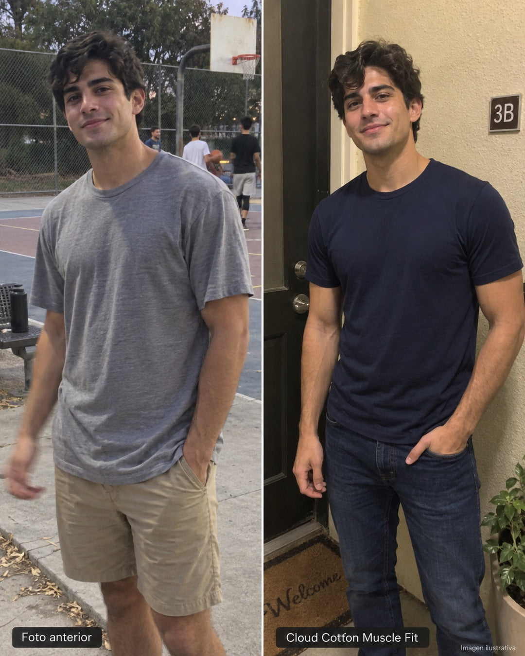 Comparación ilustrativa del ajuste de una playera regular y Muscle Fit