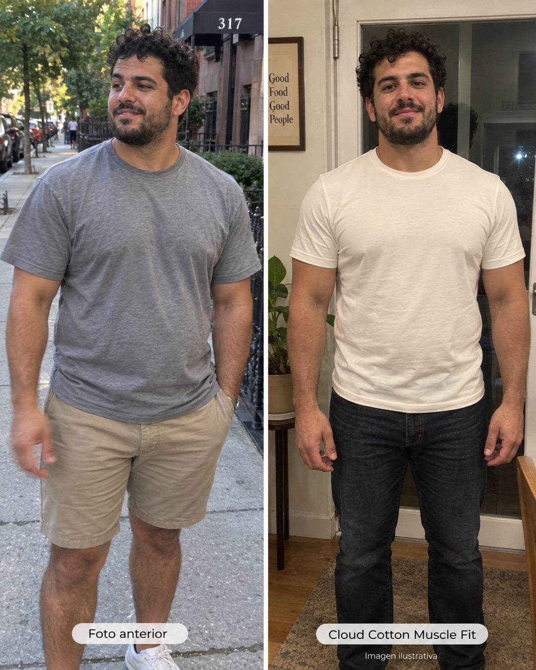 Comparación ilustrativa del ajuste de una playera regular y Muscle Fit